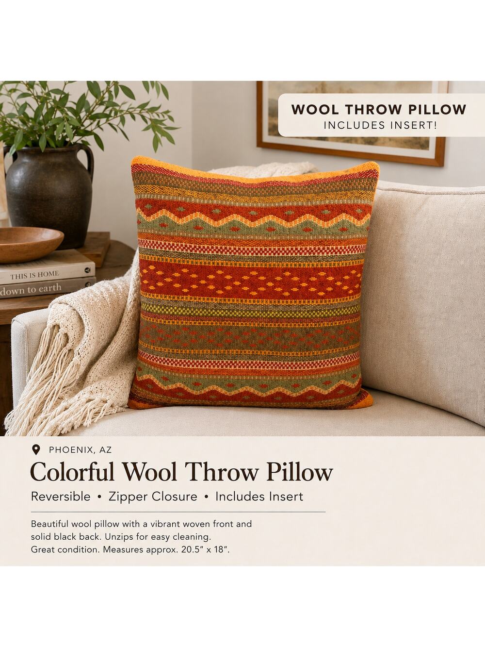 Colorful Handwoven Wool Throw Pillow 20.5"x18" Reversible Black Back Zip Closure